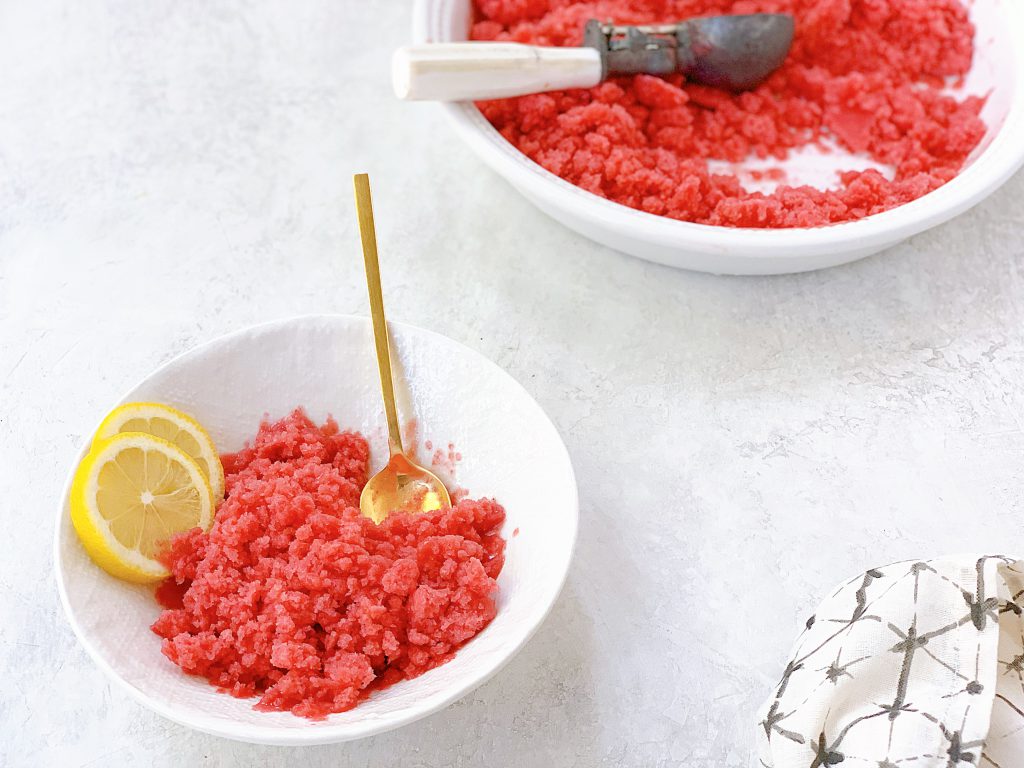 A refreshing bowl of strawberry granita made with Vital Proteins Collagen Drink.