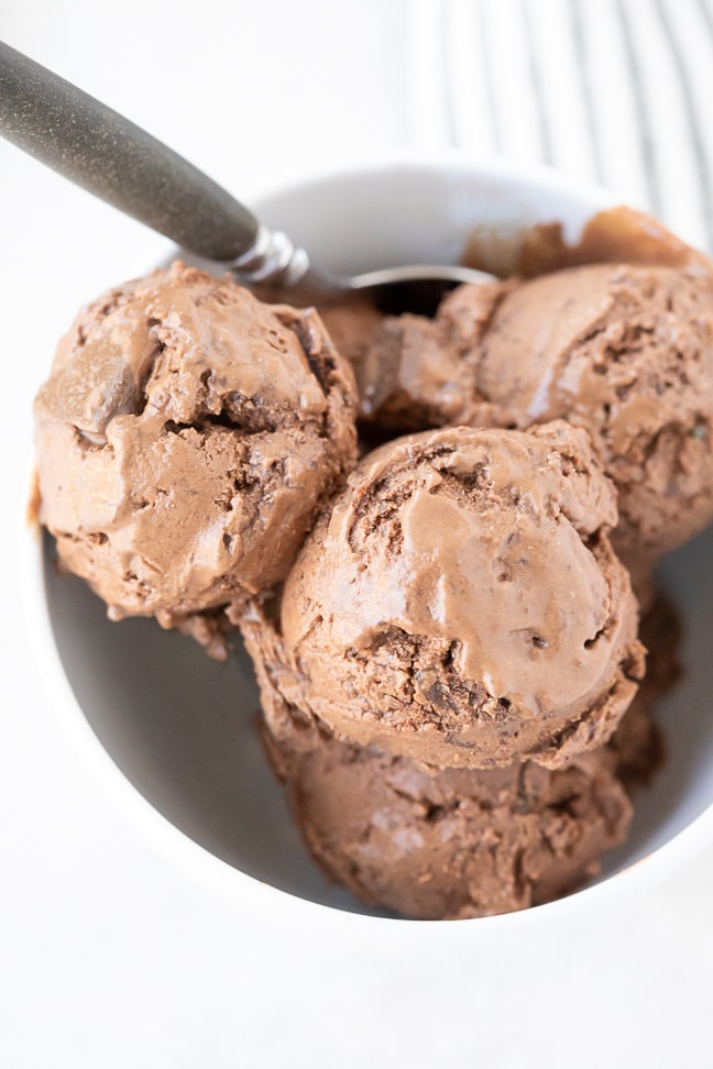 Up close picture of chocolate ice cream in white bowl with a spoon. Bowl is on a white surface