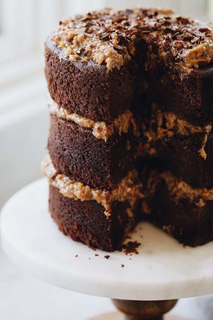 Gluten-Free German Chocolate Cake on a serving dish 