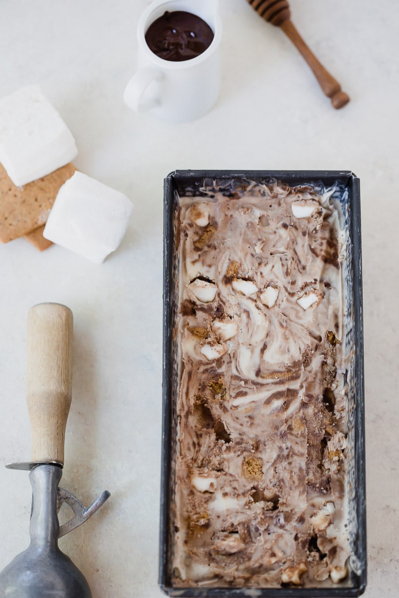 Dairy-Free S'mores Ice Cream chilled in a pan, resting on a counter 