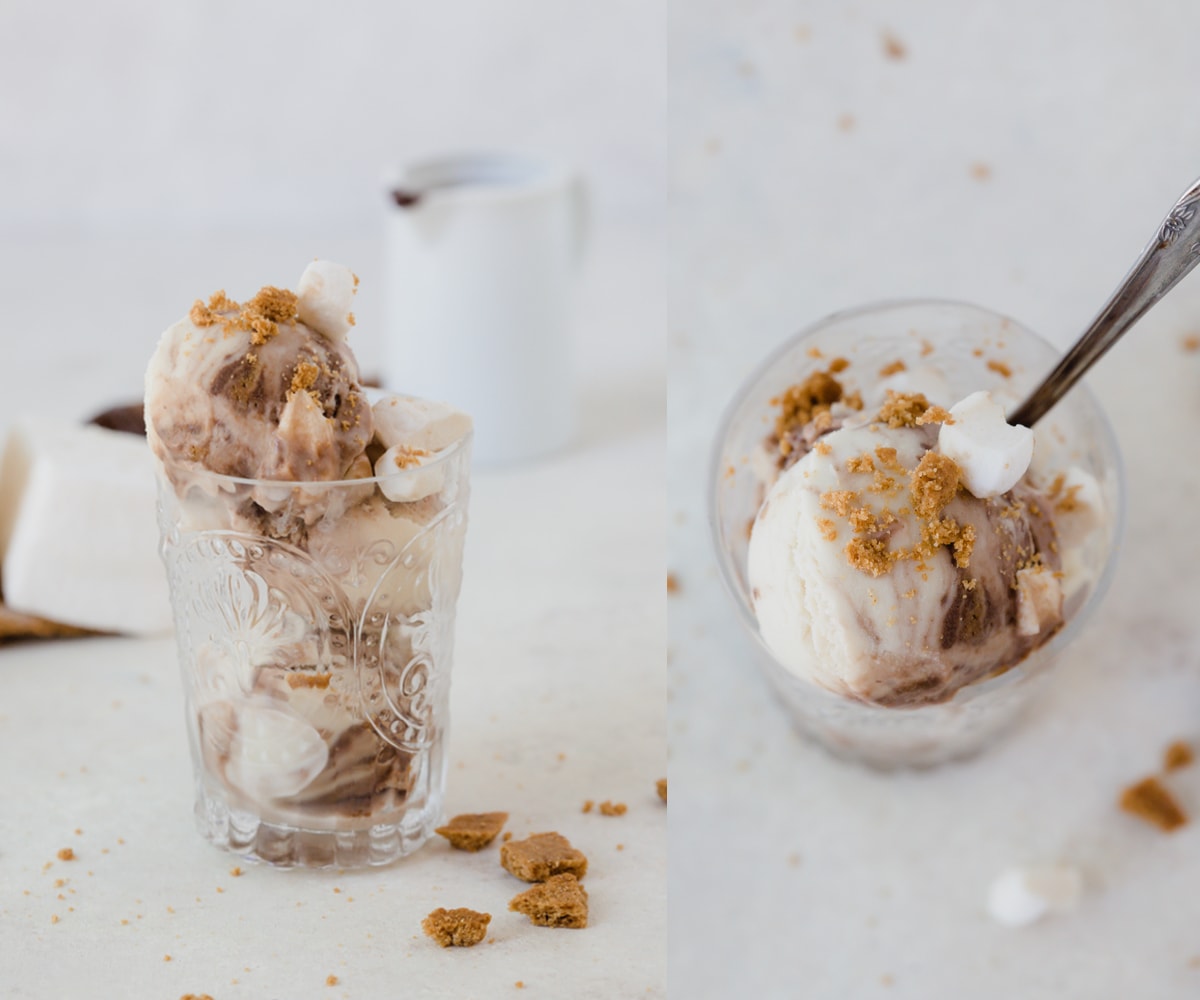 Dairy-Free S'mores Ice Cream in a glass cup, topped with bits of marshmallow and pieces of graham cracker 